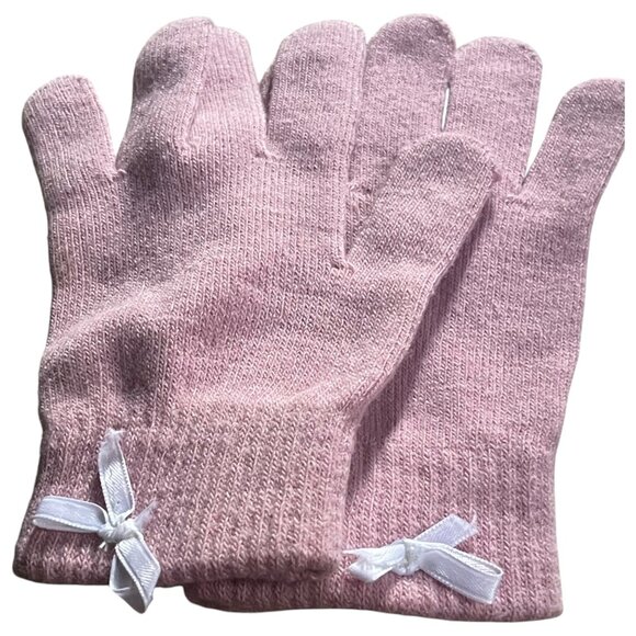 Soft Dusty Pink Knit Gloves Mittens w/White Bow Accent | One Size | Cozy Winter - Picture 1 of 5